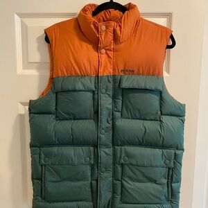 Prana Red Slate Two-Tone Down Puffer Vest in Orange and Green